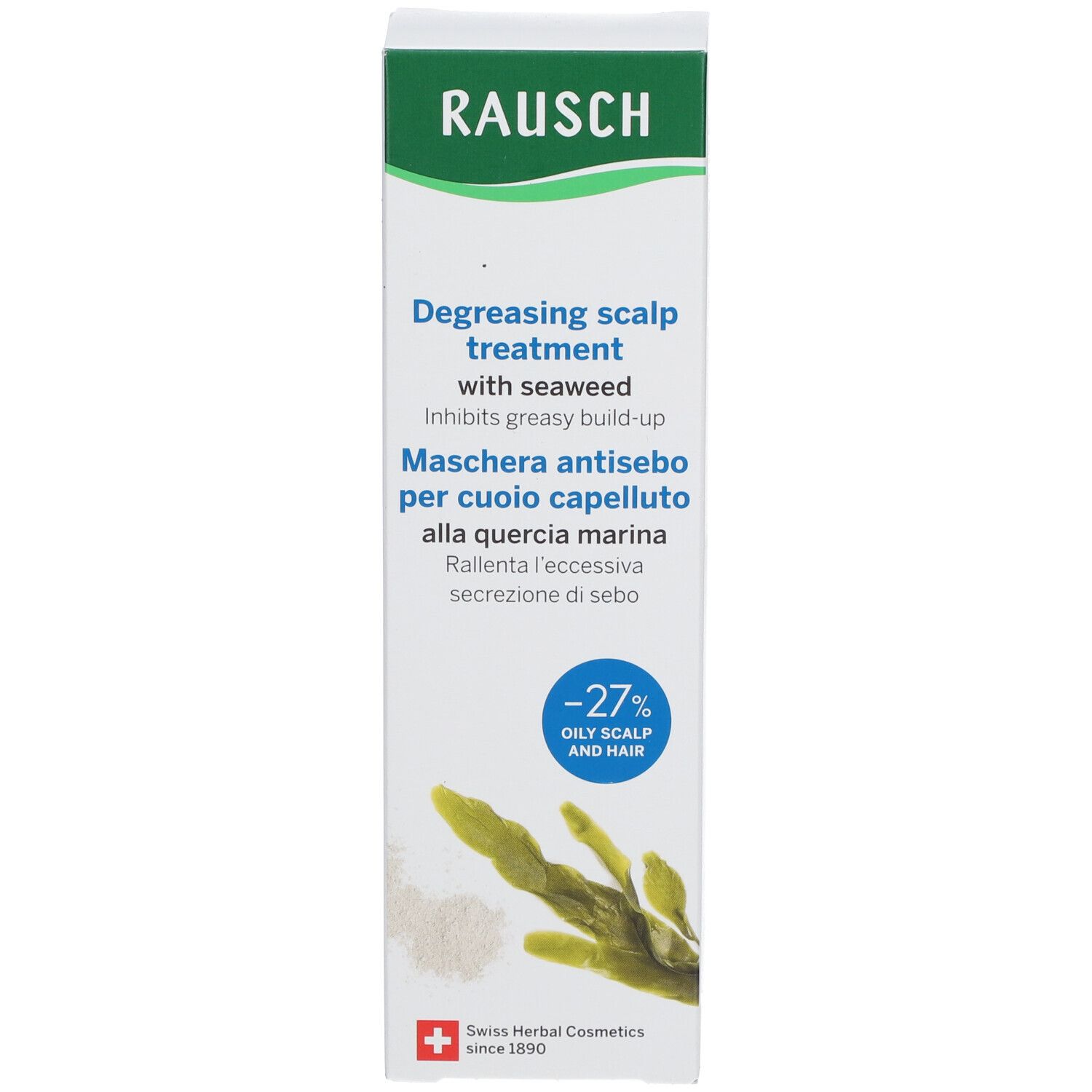 Emballage du produit. Texte: Traitement dégraissant du cuir chevelu aux algues. -27% Cuir chevelu et cheveux gras.