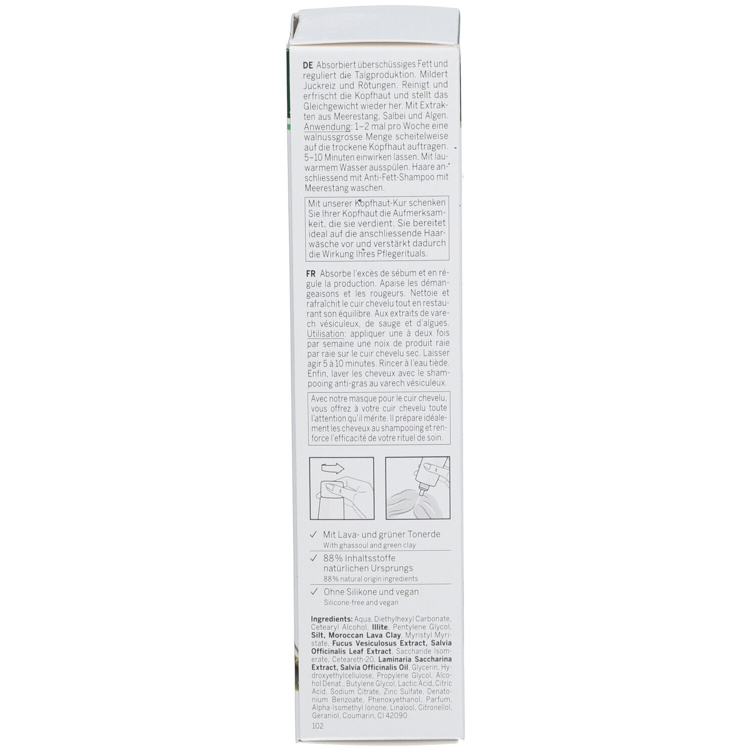 Emballage du produit, dos. Texte en allemand et français. Ingrédients, instructions d'utilisation.