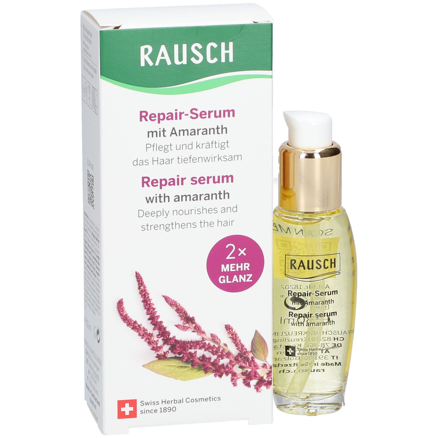 Serumfles en verpakking. Opschrift: RAUSCH Repair-Serum mit Amaranth. Swiss Herbal Cosmetics.