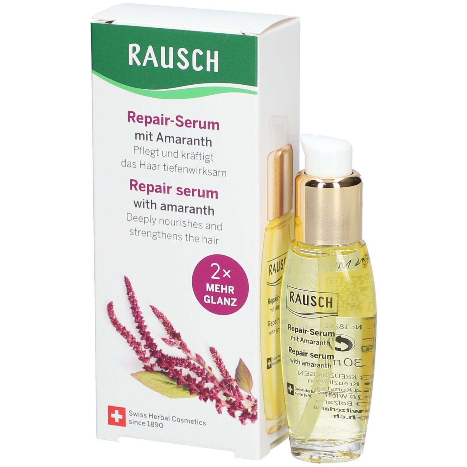 Serumfles en verpakking. Opschrift: RAUSCH Repair-Serum mit Amaranth. Swiss Herbal Cosmetics.
