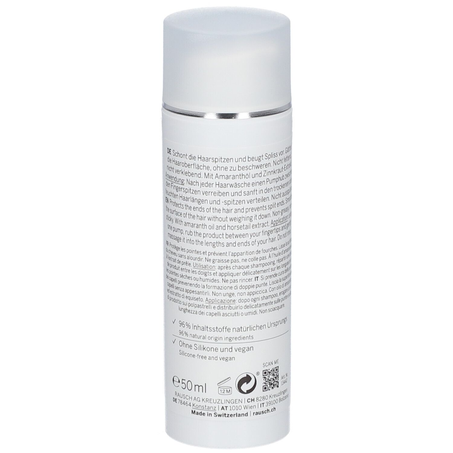 Flacon blanc avec texte. Contient Repair-Cream mit Amaranth. Texte en allemand, anglais et français. 50ml. Sans silicone et végétalien.