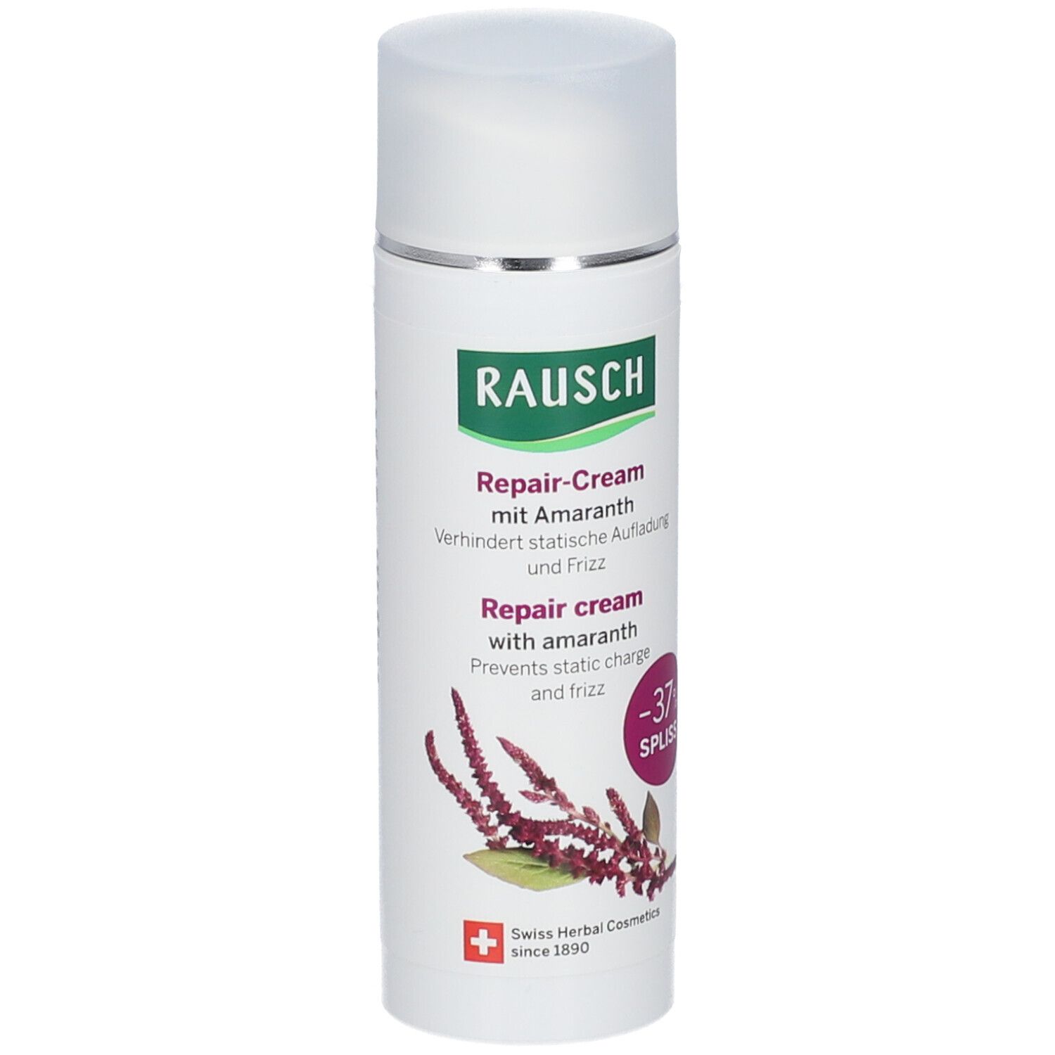 Flacon blanc avec étiquette verte. Contient Repair-Cream mit Amaranth. Cosmétiques aux herbes suisses. Cercle rouge avec -37% pointes.
