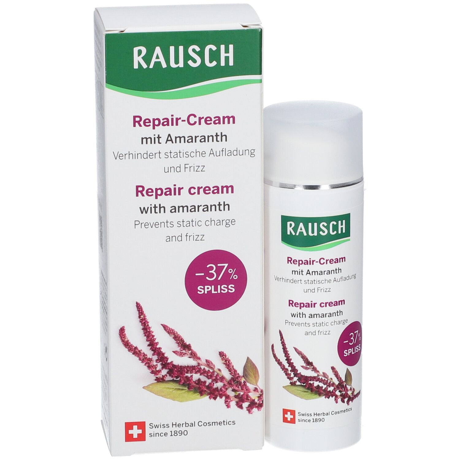 Emballage du produit avec flacon. Contient Repair-Cream mit Amaranth. Emballage vert et blanc. Cercle rouge avec -37% pointes.