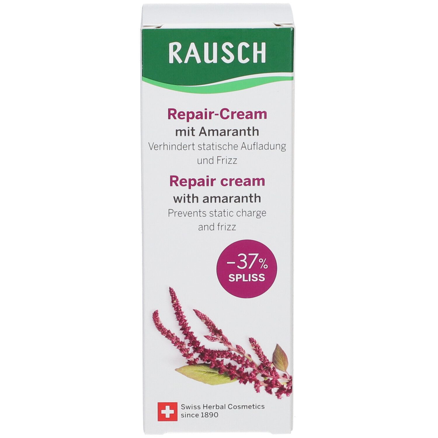Emballage du produit. Contient Repair-Cream mit Amaranth. Emballage vert et blanc. Cercle rouge avec -37% pointes. Cosmétiques suisses.