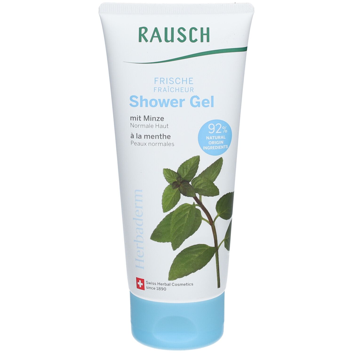 Tube blanche et bleue avec nom du produit et illustration de menthe. Texte: "Shower Gel Fraîcheur".
