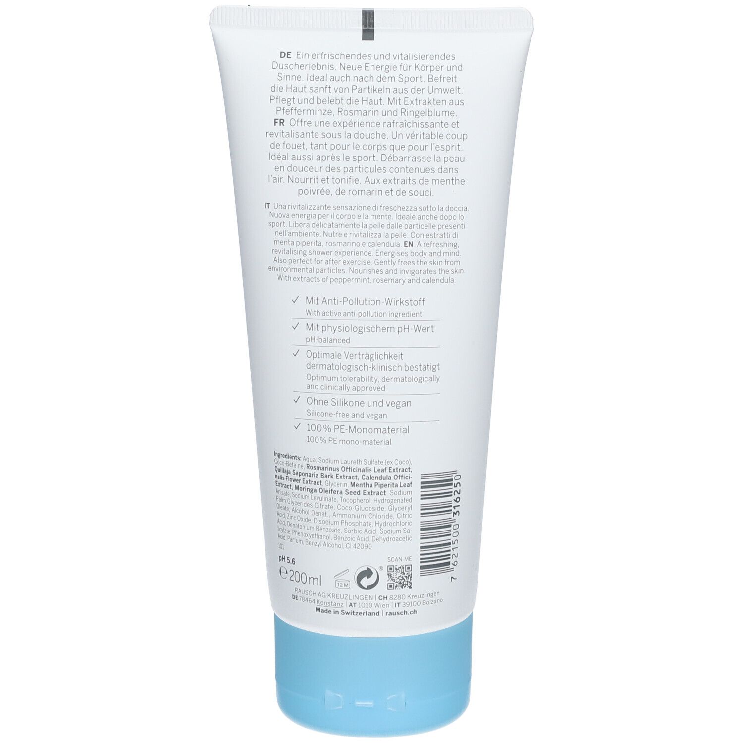 Dos du tube avec texte et informations sur les ingrédients. Bouchon bleu.