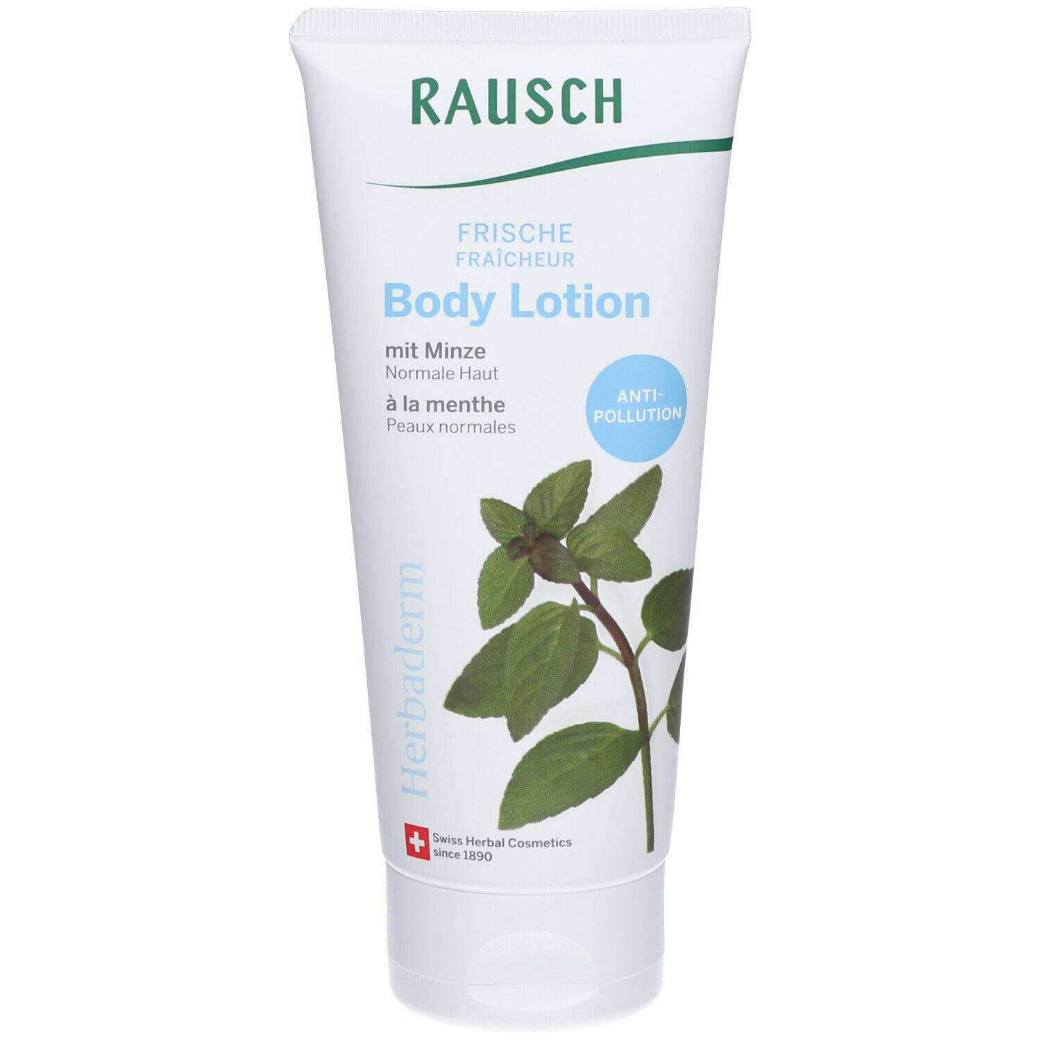 Tube blanche de lotion pour le corps RAUSCH à la menthe. Inscription : Fraîcheur, Anti-Pollution. Illustration de menthe.