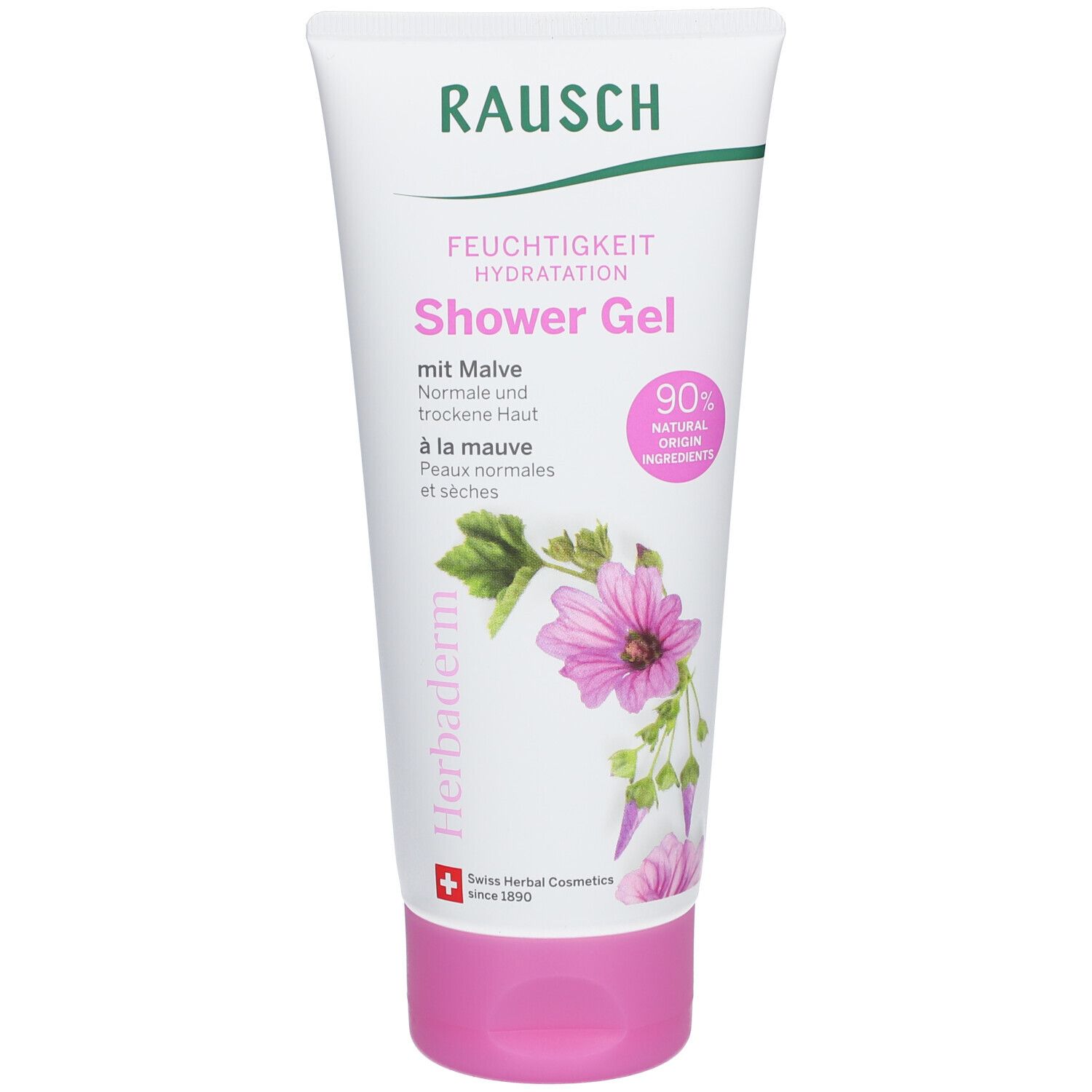 Wit-roze tube met RAUSCH-logo en tekst "Shower Gel". Illustratie van malvebloemen. 90% natuurlijke ingrediënten.