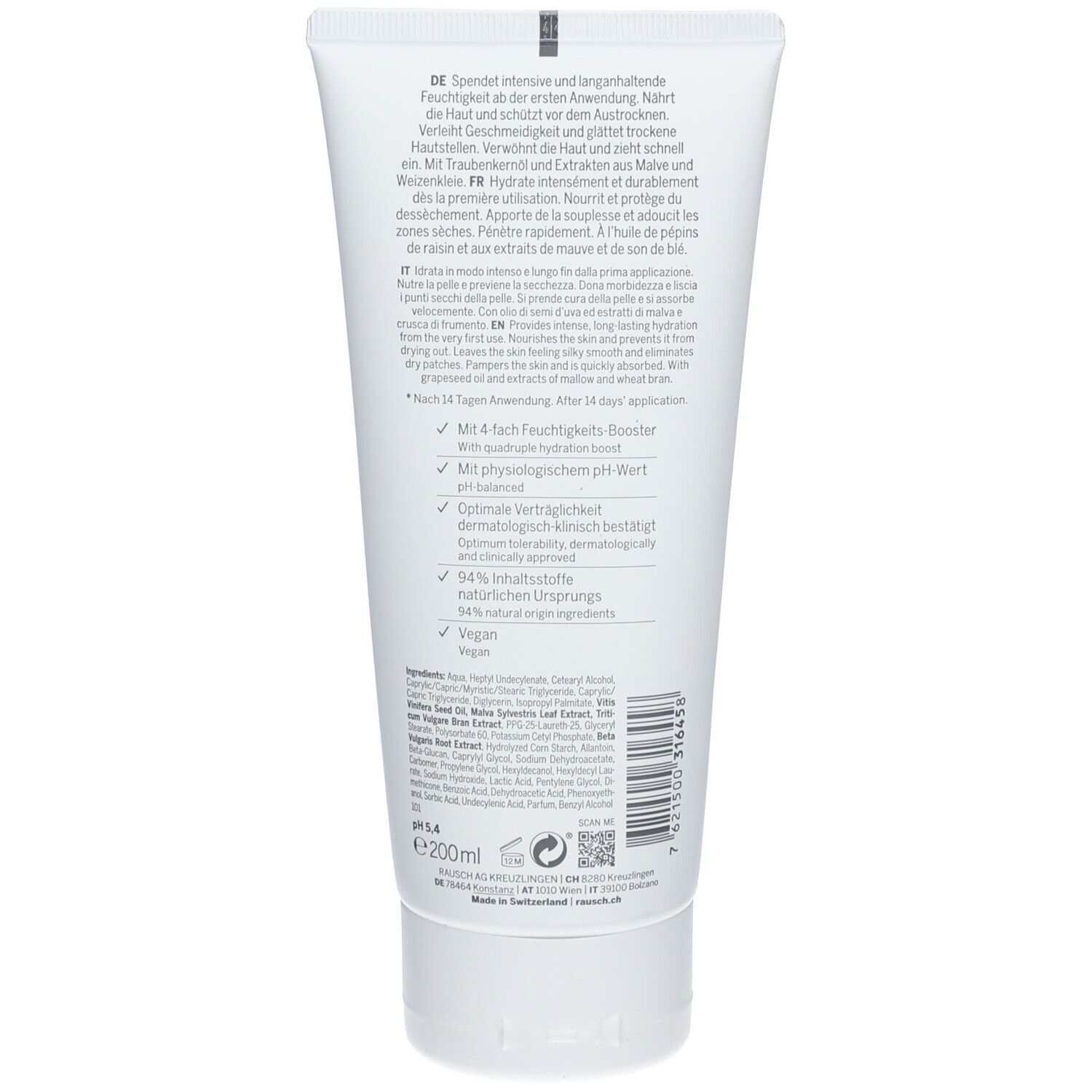 Dos du tube avec texte. Contient des informations sur les ingrédients, l'utilisation et les propriétés. Avec booster d'hydratation 4x. Végétalien.