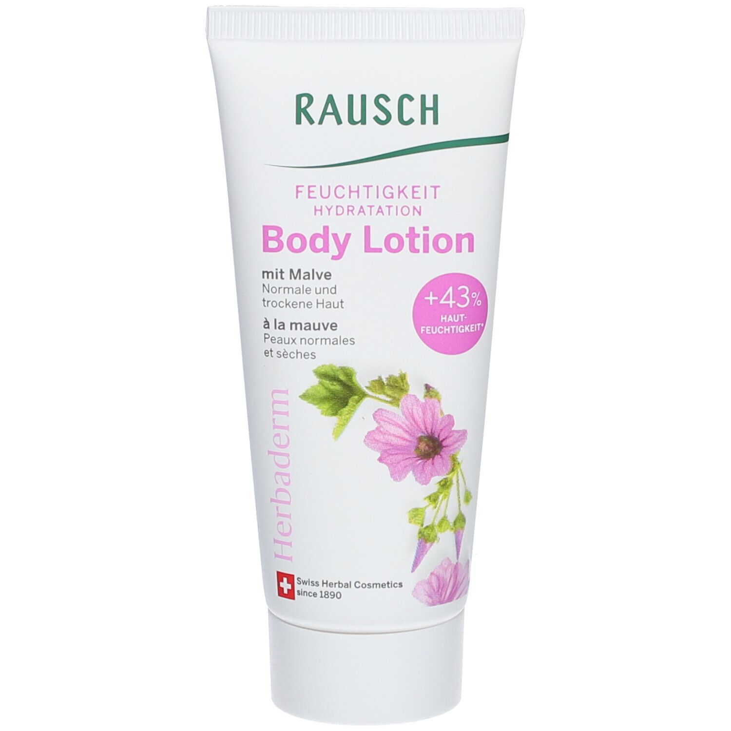 Tube blanc avec logo RAUSCH et inscription Body Lotion mit Malve. Contient une illustration de fleur de mauve.
