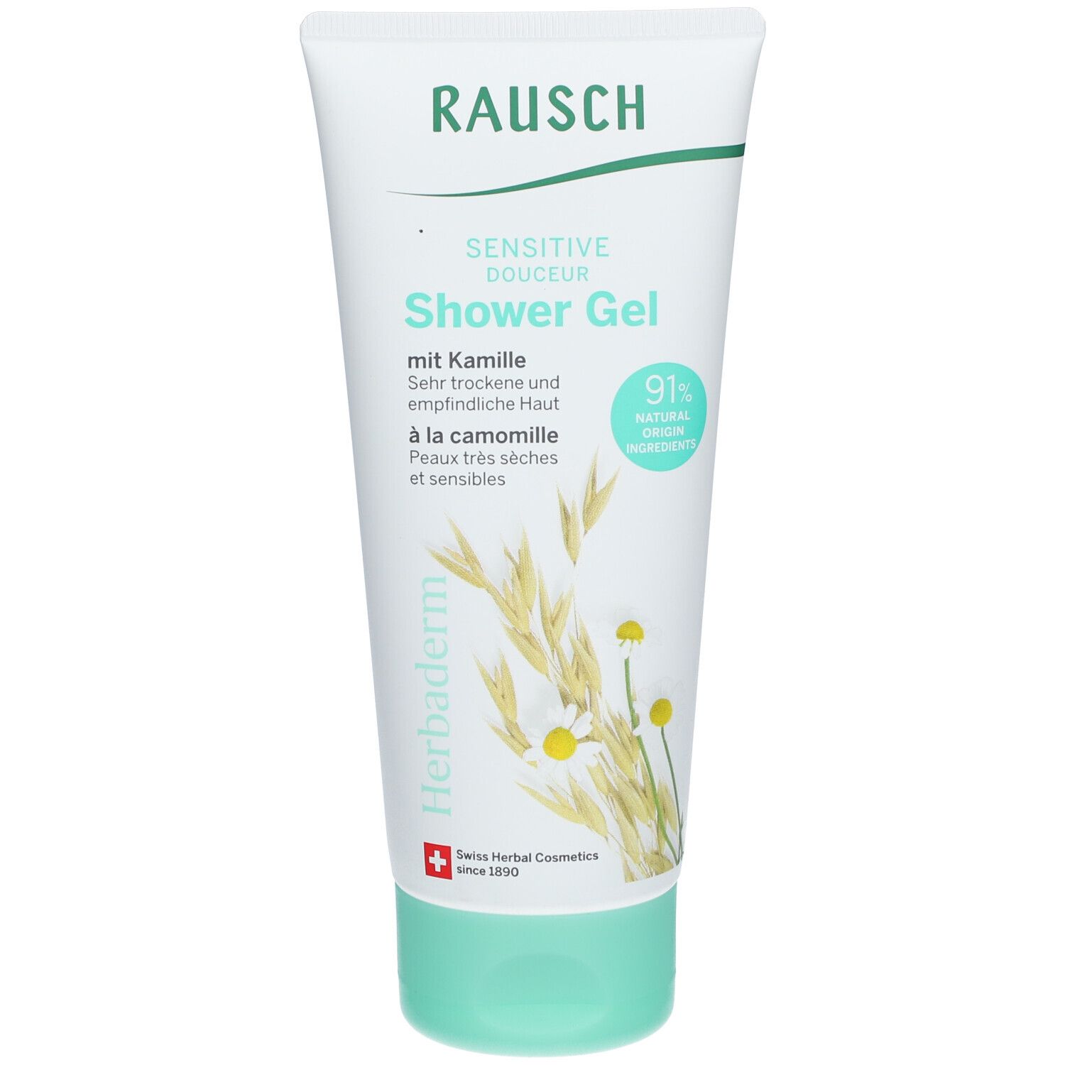 Tube blanc et vert de RAUSCH Sensitive Shower Gel Kamille. Face avant avec nom du produit, illustration de camomille et logo.