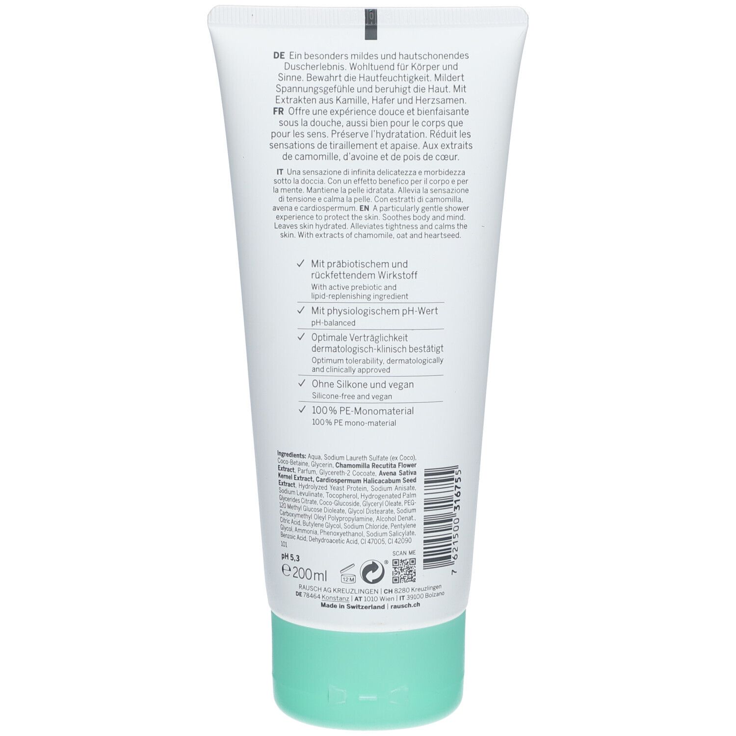 Dos du tube RAUSCH Sensitive Shower Gel Kamille. Informations textuelles, ingrédients, pH et certifications.