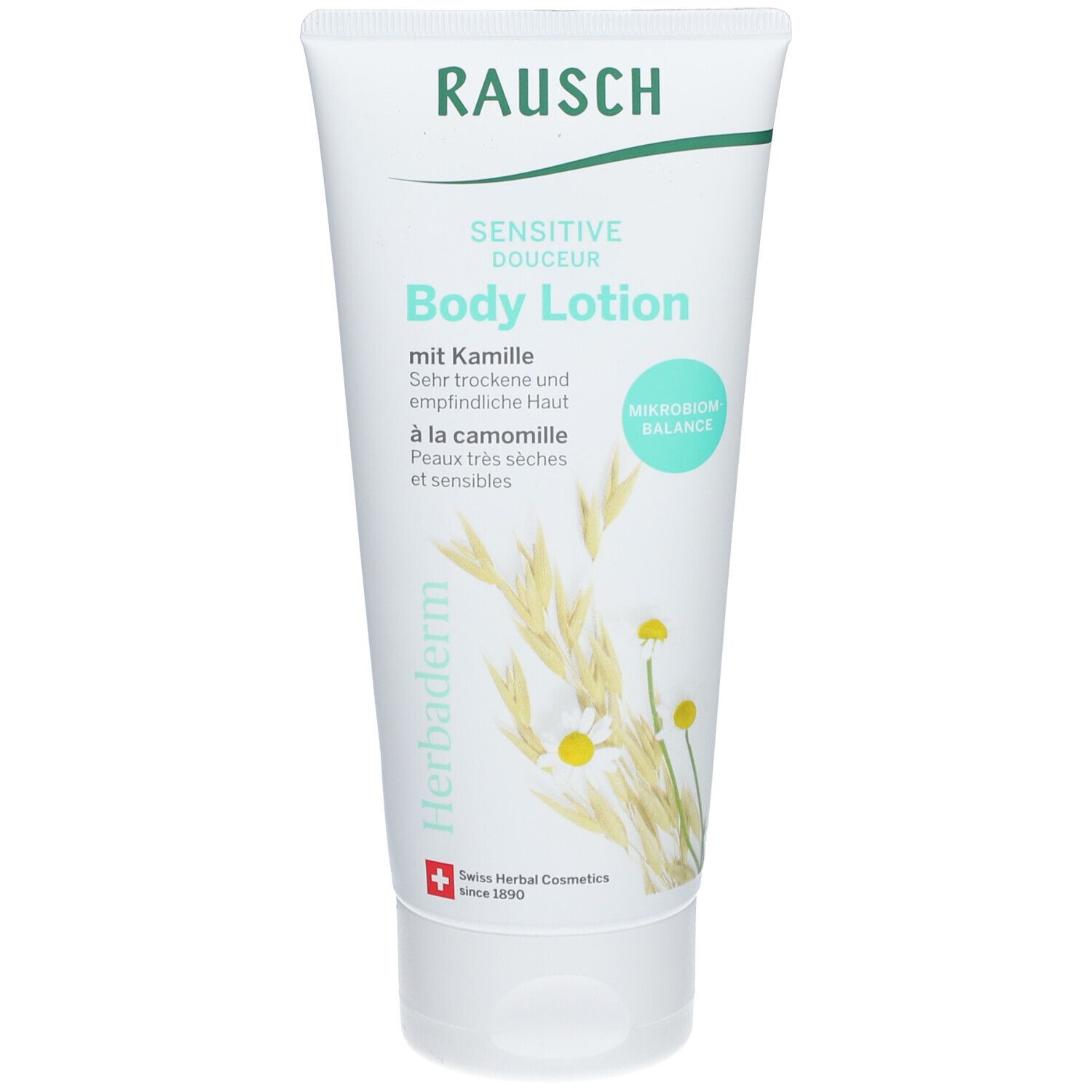 Witte tube met groene tekst. "RAUSCH Sensitive Body Lotion mit Kamille" en illustraties van kamillebloemen.