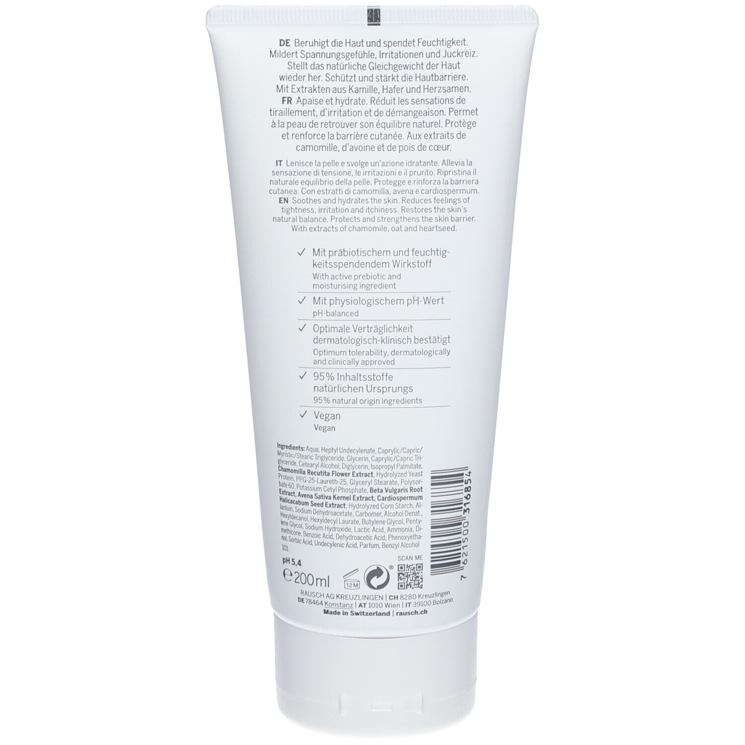 Achterkant van de witte tube. Tekst in het Duits, Frans en Italiaans. Bevat informatie over ingrediënten en eigenschappen.