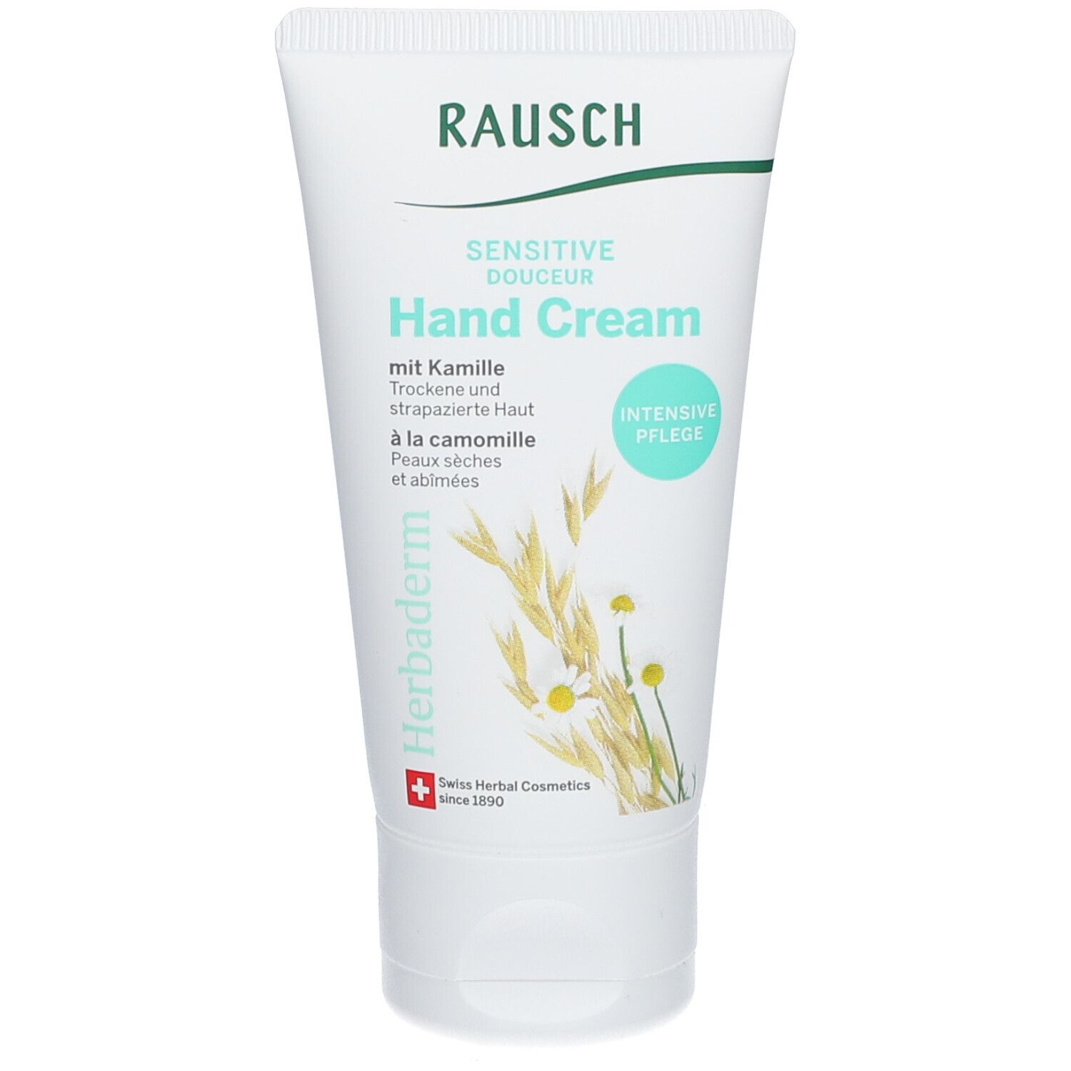 Witte tube RAUSCH Hand Cream, kamille. Groen-witte tekst, kamille-illustratie. Zwitserse kruiden cosmetica.