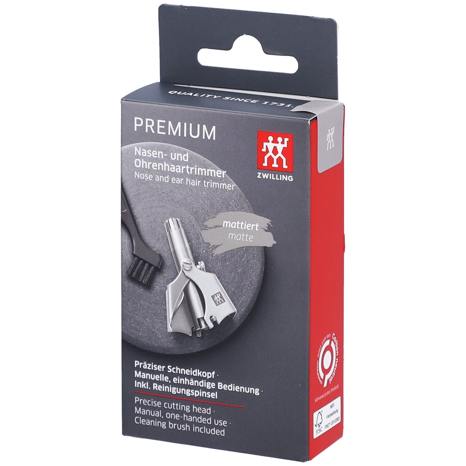 Verpakking van ZWILLING Premium. Neus- en oorhaartrimmer, reinigingsborstel. Zwarte en rode doos.