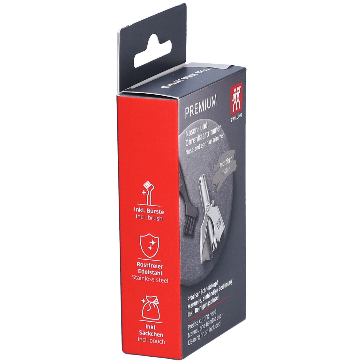 Zijaanzicht van de verpakking van ZWILLING Premium. Borstel, roestvrij staal, zakje.