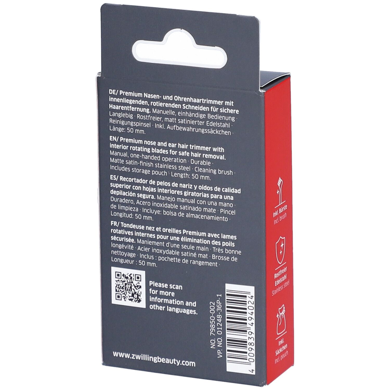 Achterkant van de verpakking van ZWILLING Premium. Productbeschrijving in meerdere talen.