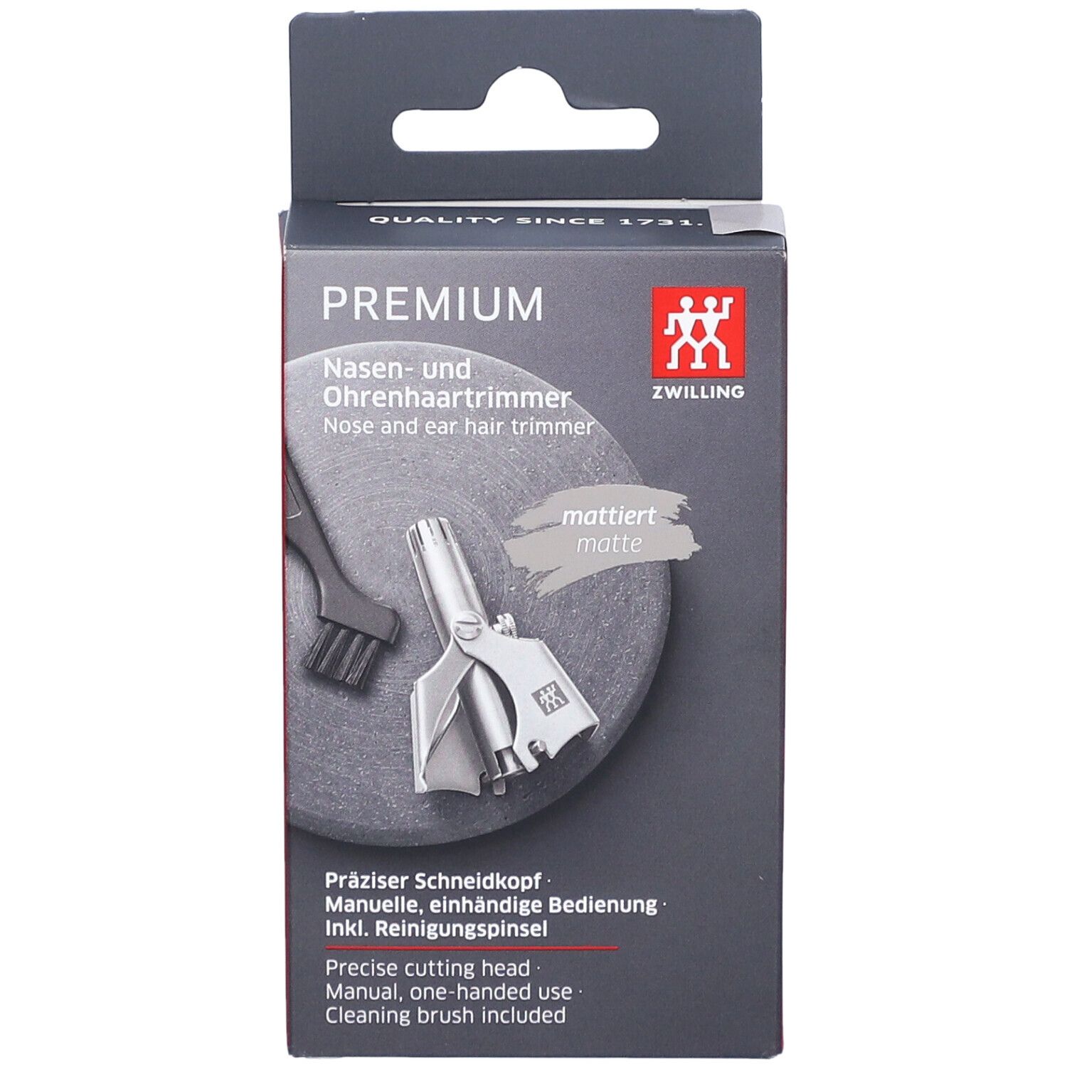 Vooraanzicht van de verpakking van ZWILLING Premium. Product en reinigingsborstel.