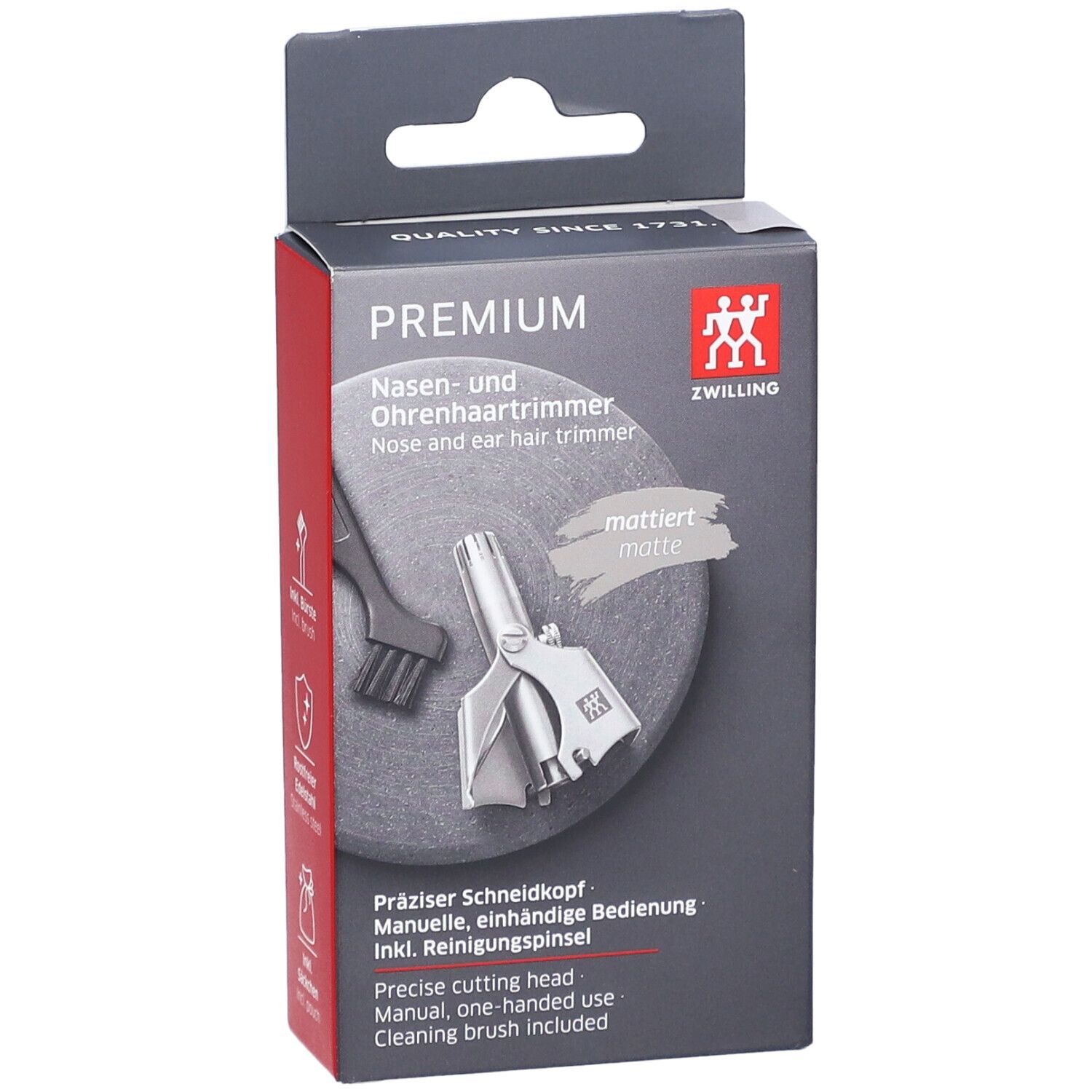 Vooraanzicht van de verpakking van ZWILLING Premium. Product en reinigingsborstel.