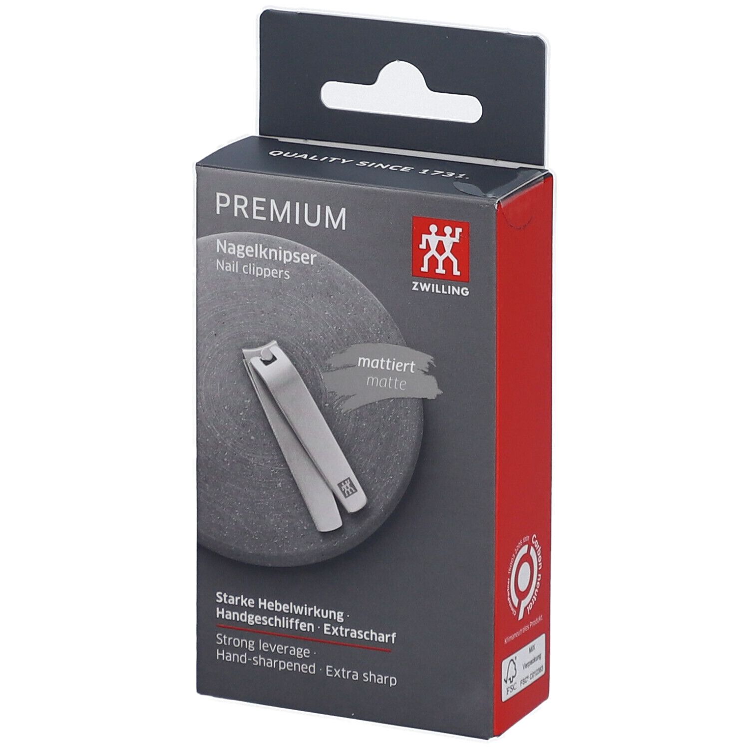 ZWILLING Premium nagelknipper in mat roestvrij staal, op grijze achtergrond.