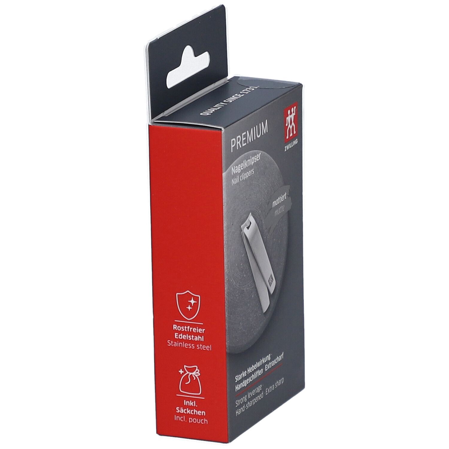 Verpakking van de ZWILLING Premium nagelknipper, zijaanzicht met productinformatie.