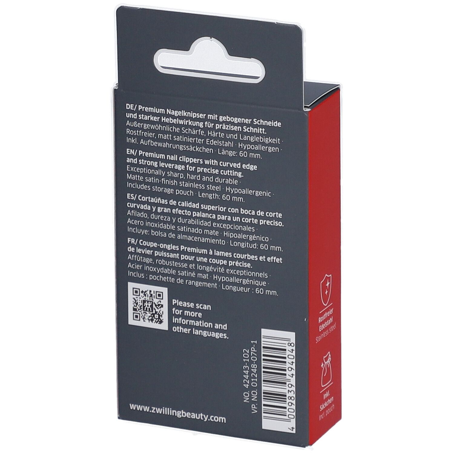 Achterkant van de ZWILLING Premium nagelknipper verpakking met productdetails en QR-code.