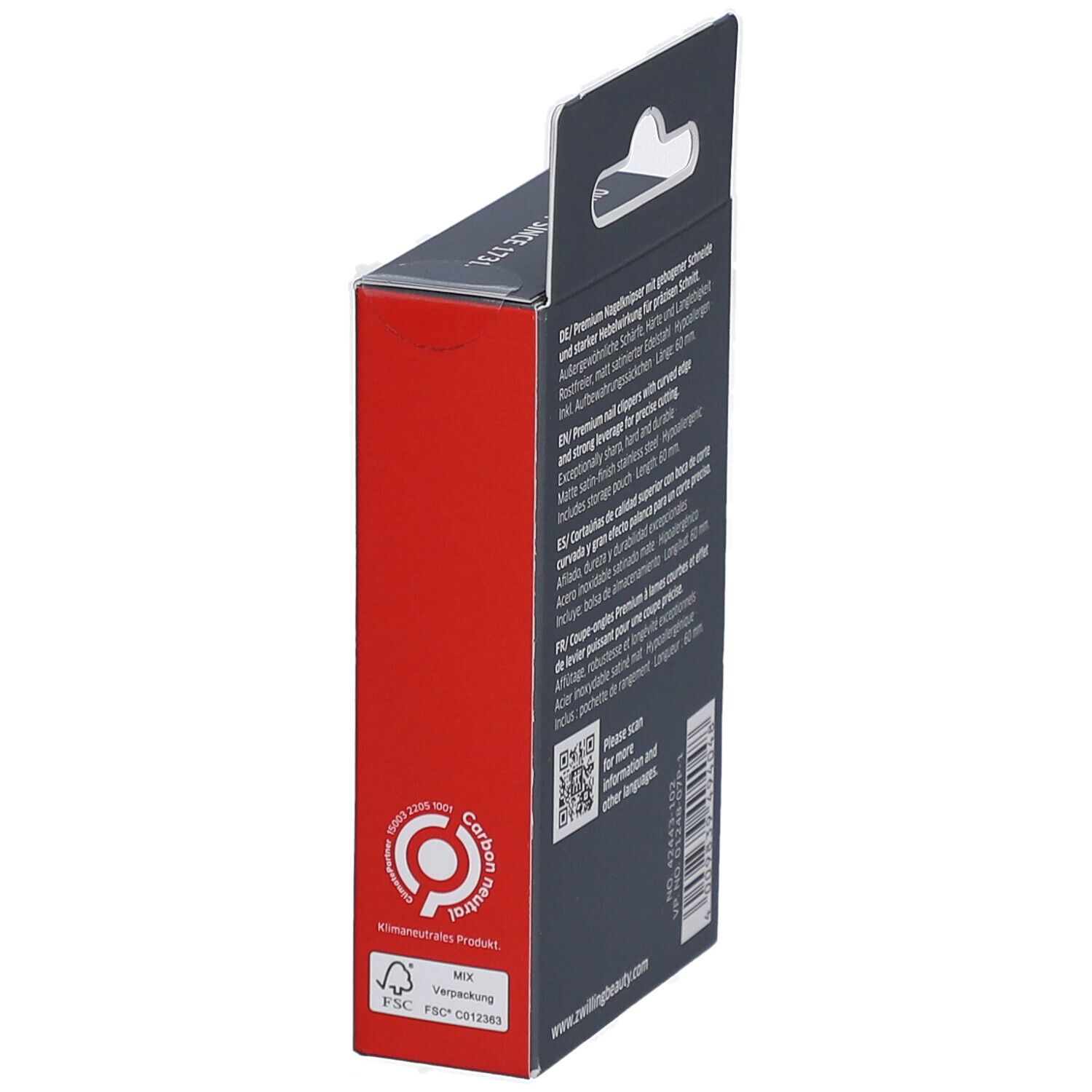 Zijaanzicht van de ZWILLING Premium nagelknipper verpakking met FSC-logo.
