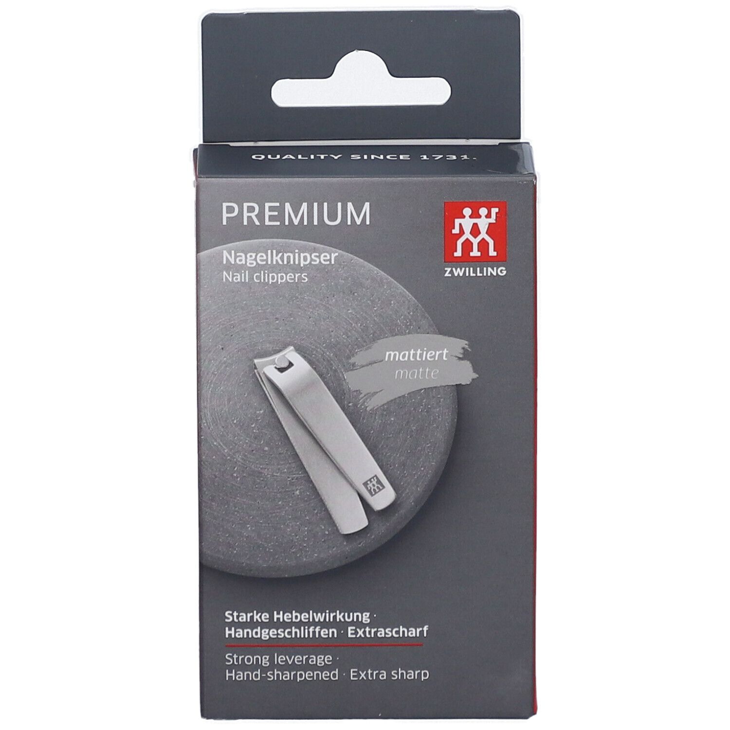 ZWILLING Premium nagelknipper in mat roestvrij staal, op grijze achtergrond.