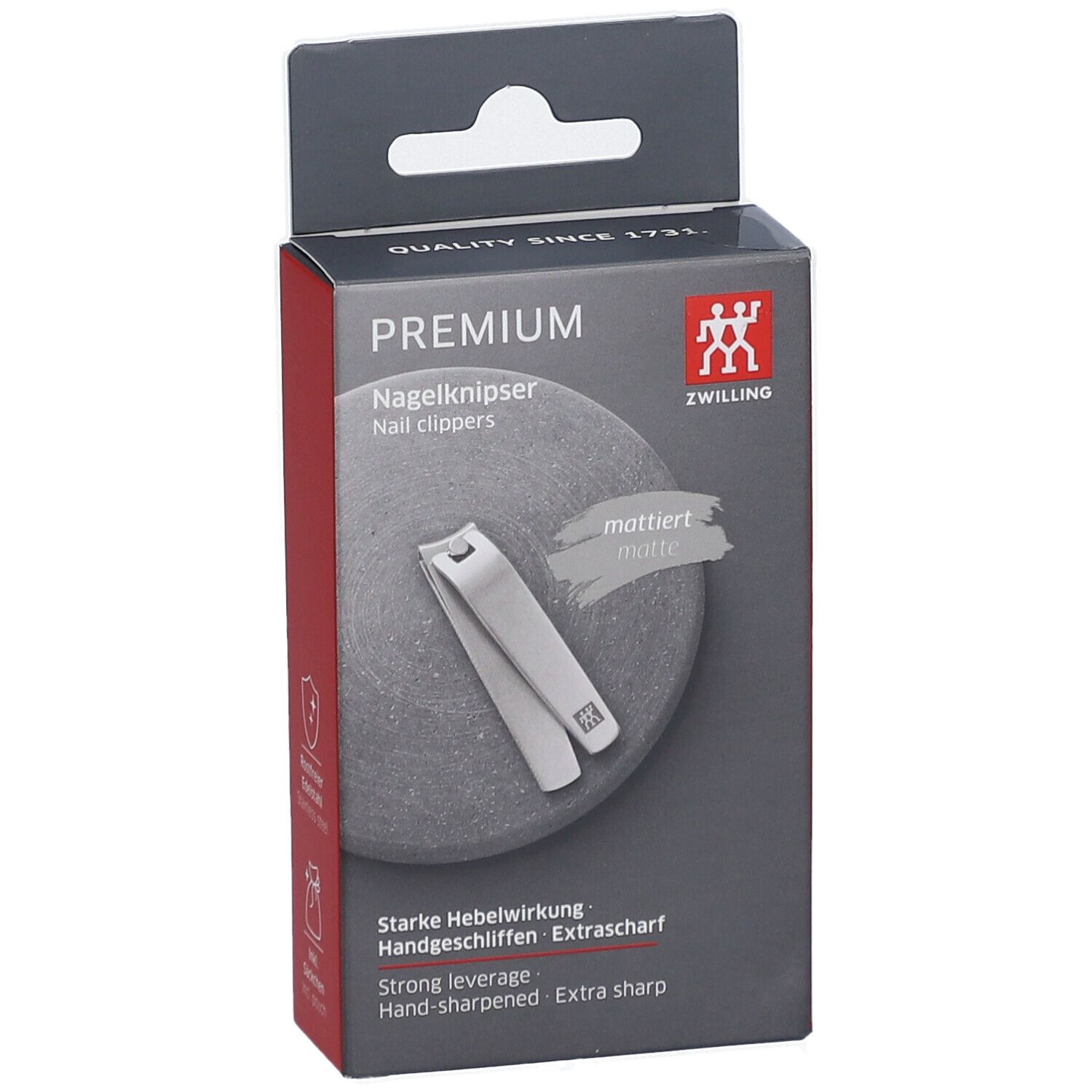 ZWILLING Premium nagelknipper in mat roestvrij staal, op grijze achtergrond.