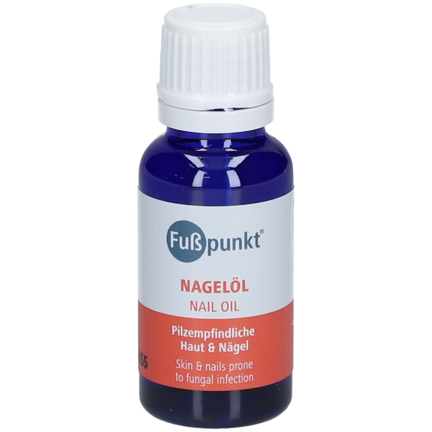 Blauwe fles met witte dop. Etiket met productnaam Nagelöl en informatie over huid & nagels.