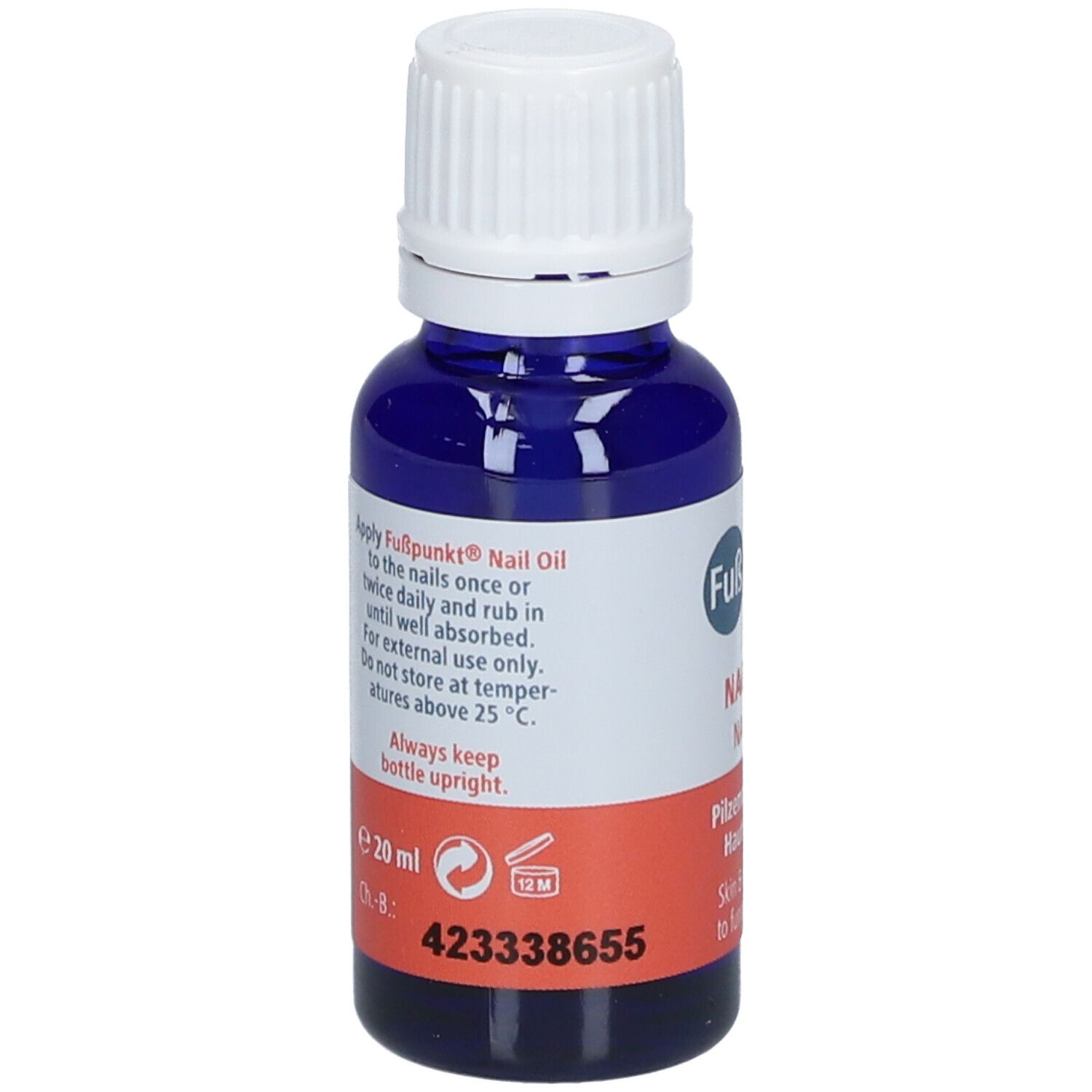 Blauwe fles met witte dop. Achterkant met tekst: gebruiksaanwijzing, 20 ml, houdbaarheid.