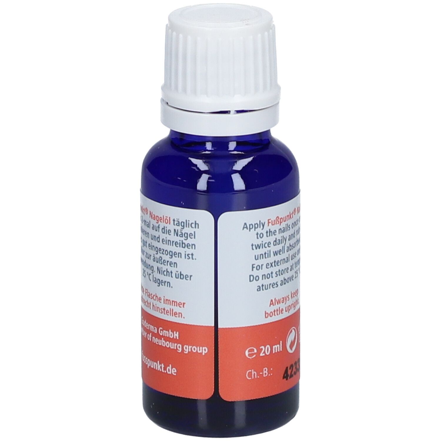 Blauwe fles met witte dop. Achterkant met tekst: gebruiksaanwijzing, 20 ml, fabrikantinfo.