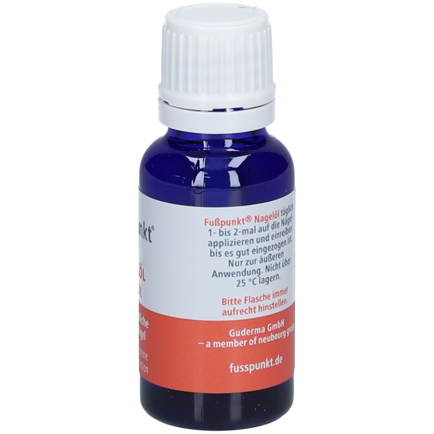 Blauwe fles met witte dop. Achterkant met tekst: gebruiksaanwijzing, 20 ml, fabrikantinfo.