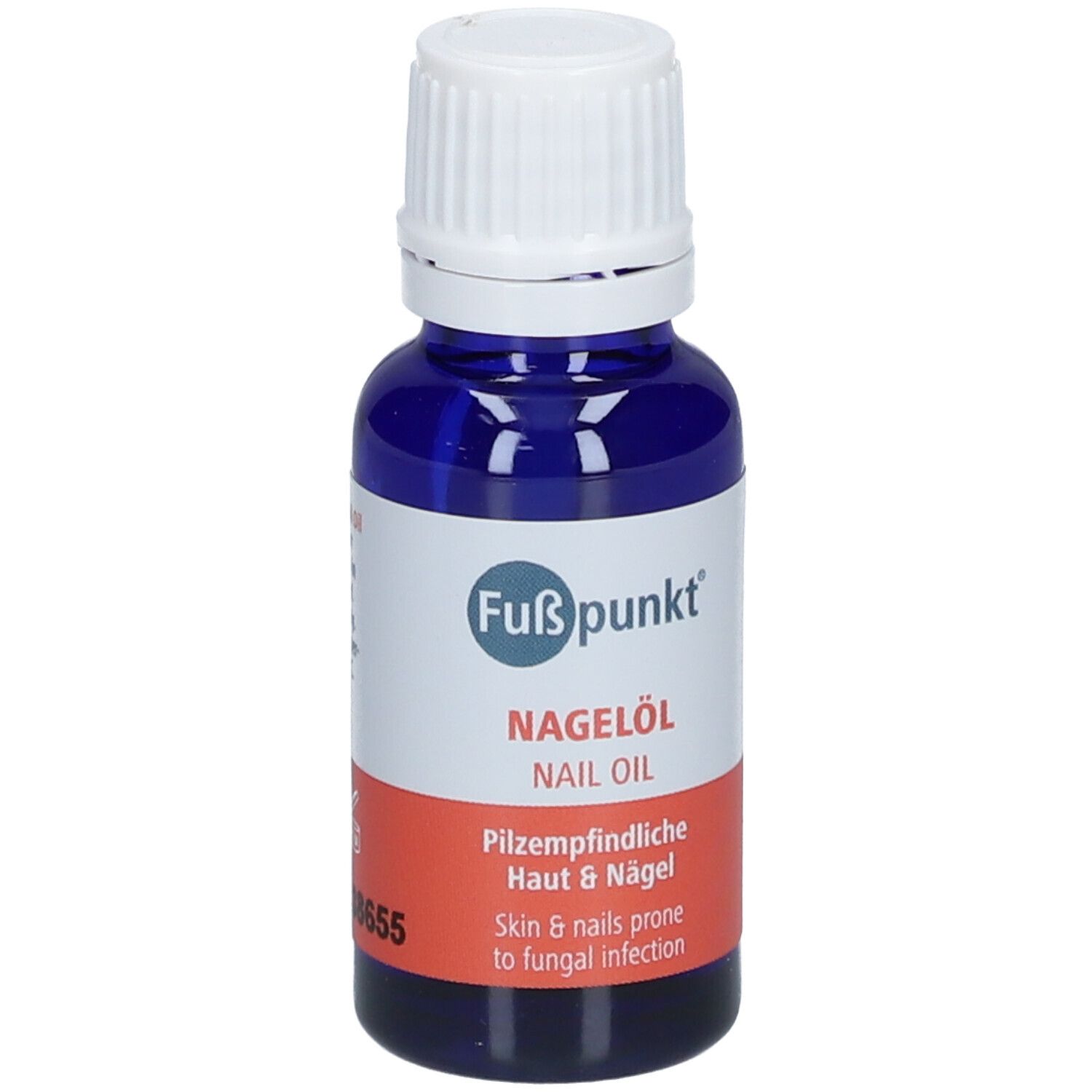 Blauwe fles met witte dop. Etiket met productnaam Nagelöl en informatie over huid & nagels.