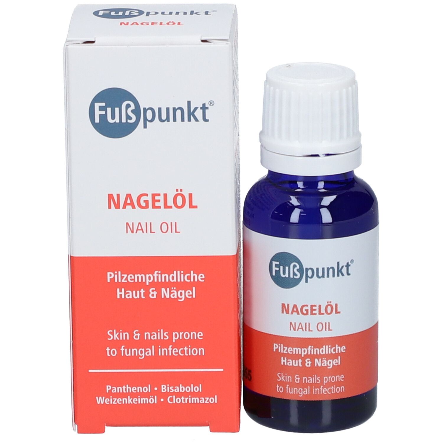 Productfles en verpakking. Blauwe fles met witte dop, daarnaast doos met productinformatie.