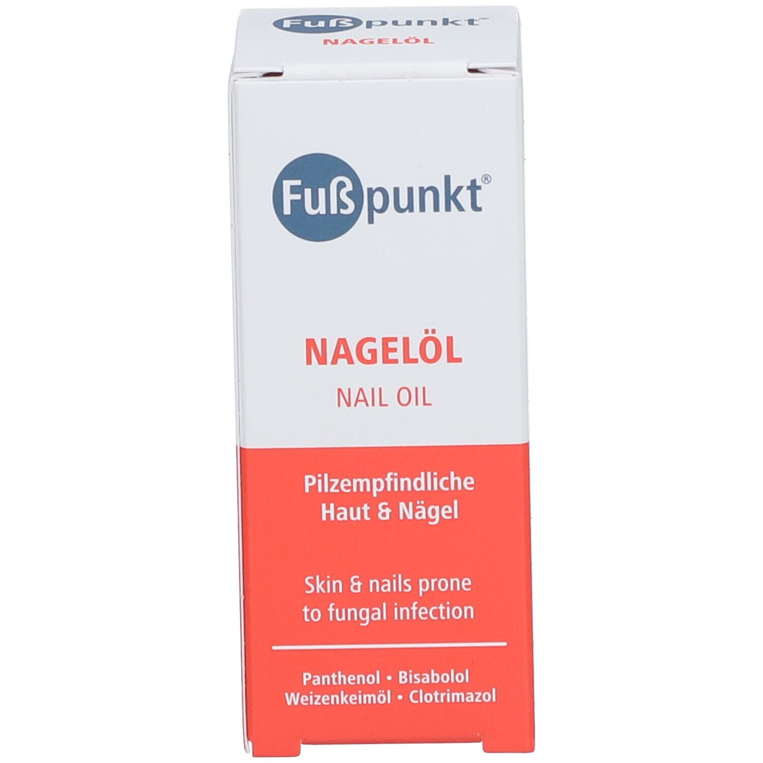 Witte verpakking met productinformatie. Productnaam Nagelöl, informatie over huid & nagels, ingrediënten.