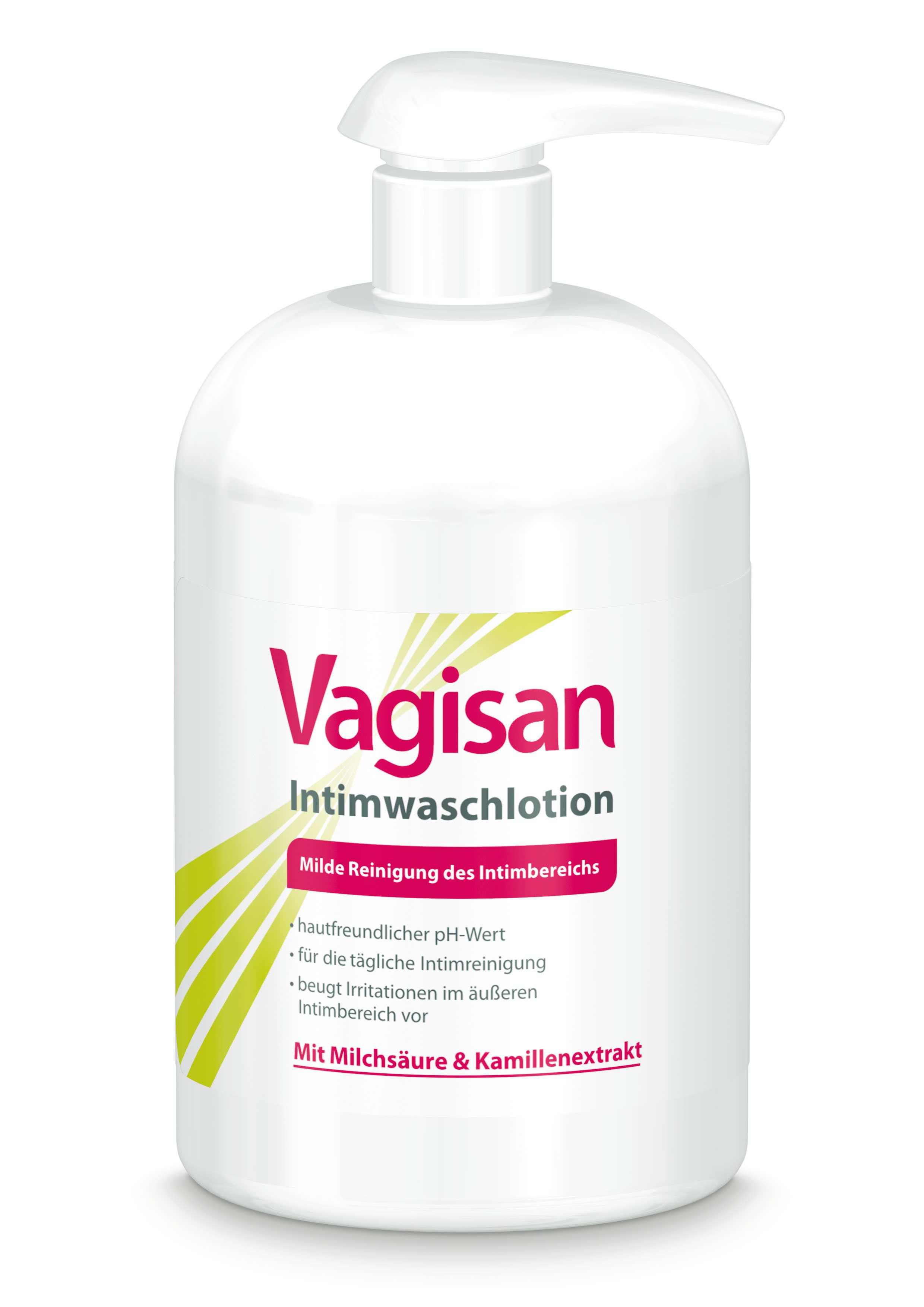 Witte fles met pomp. Opschrift: Vagisan Intimwaschlotion. Tekst: Milde reiniging van de intieme zone.