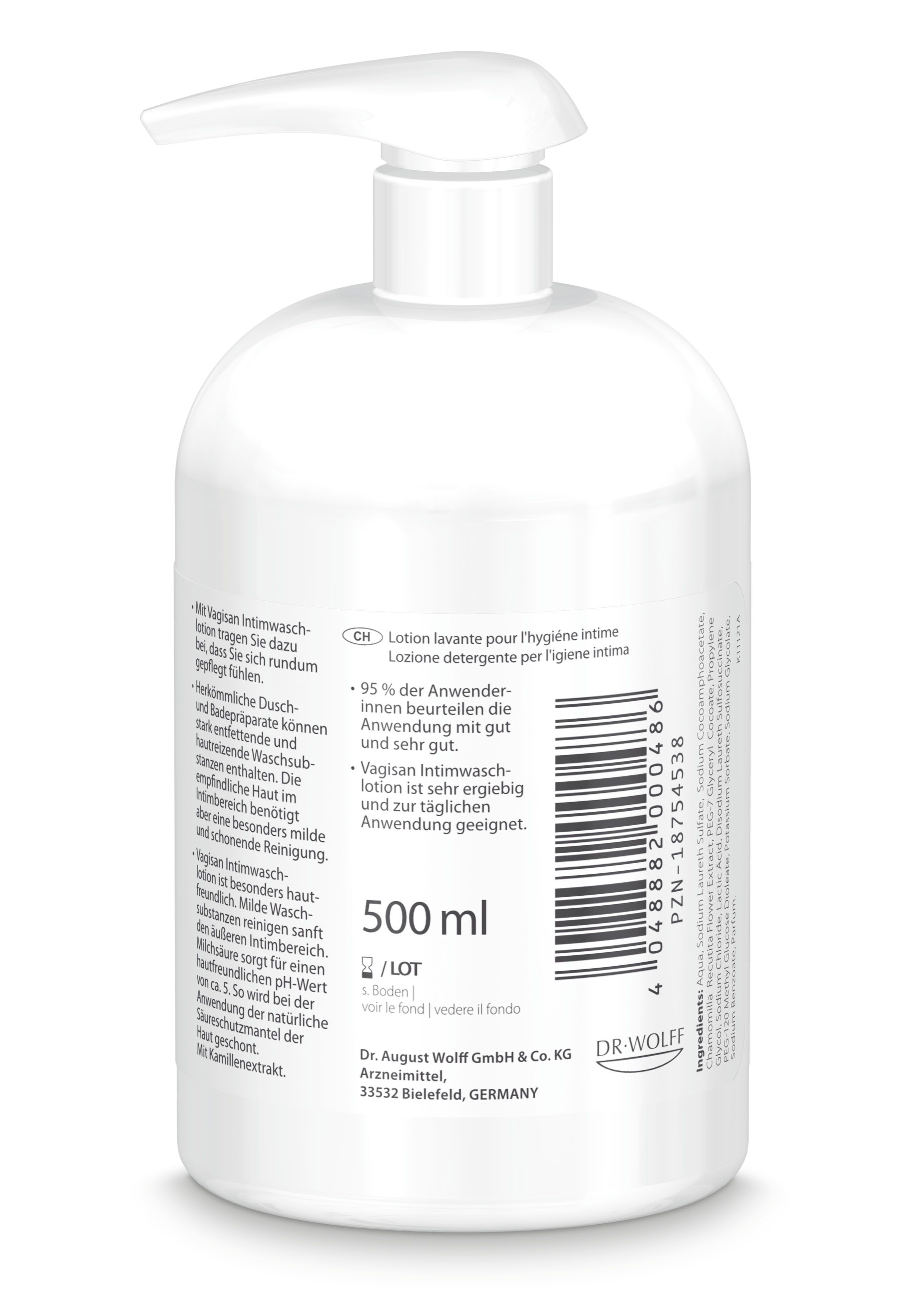 Achterkant van de witte fles. Tekst: Vagisan Intimwaschlotion. 500 ml. Fabrikant: Dr. August Wolff.