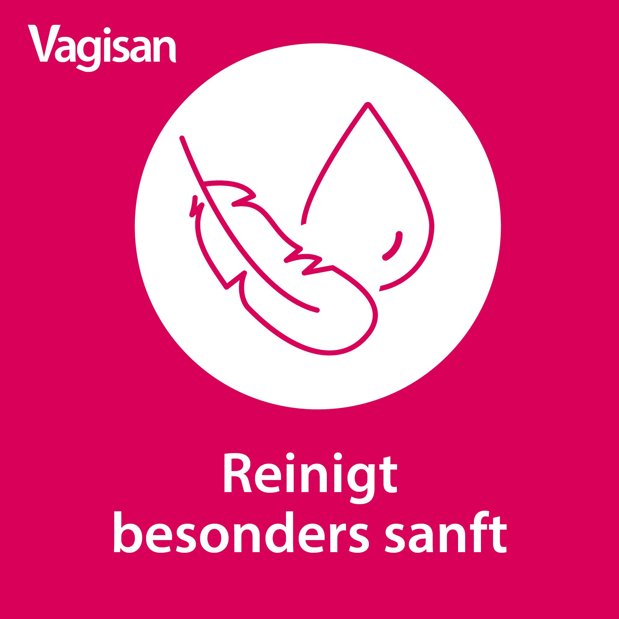 Roze achtergrond met witte cirkel. Veer en druppel. Tekst: Reinigt bijzonder zacht. Merk: Vagisan.