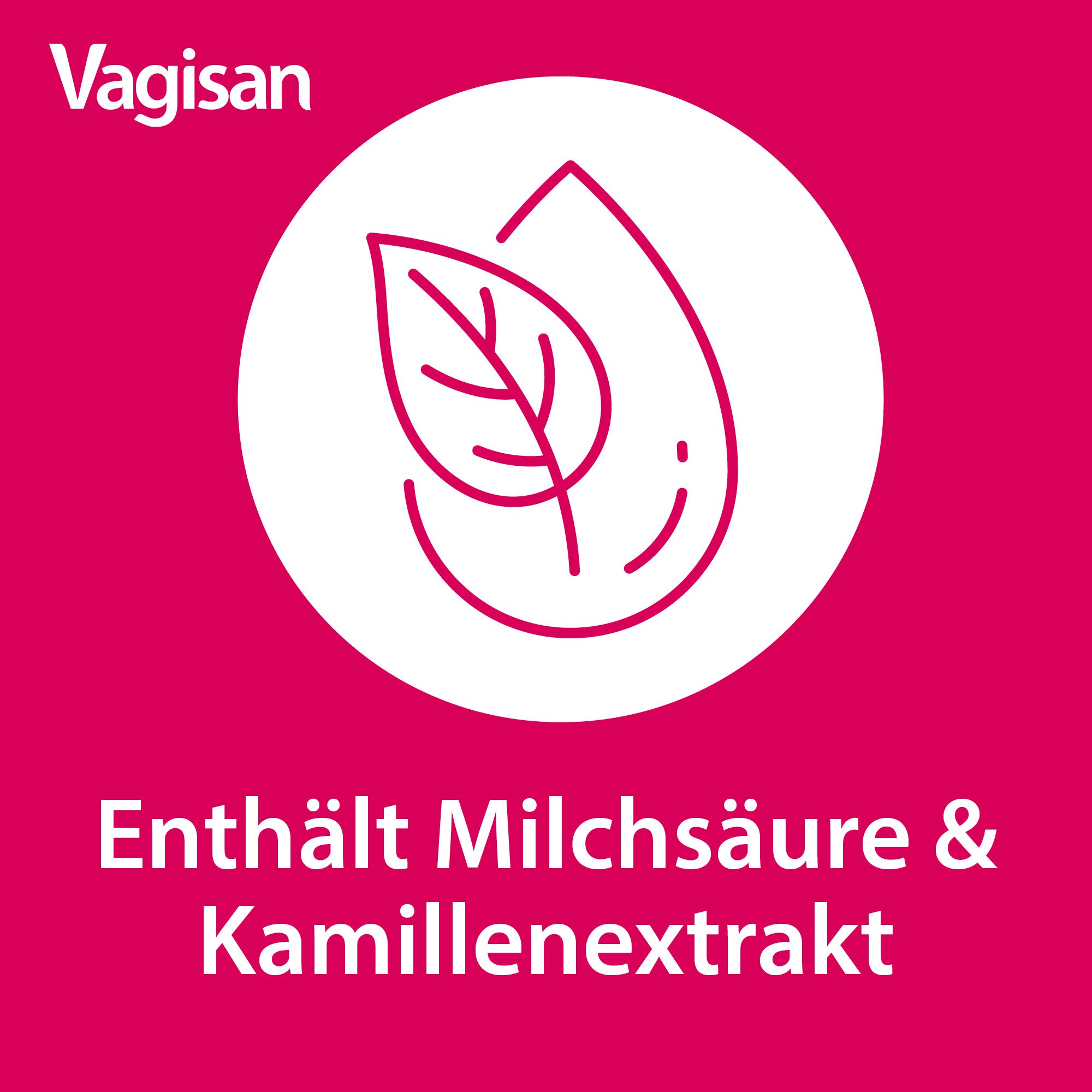 Roze achtergrond met witte cirkel. Blad en druppel. Tekst: Bevat melkzuur & kamille-extract. Merk: Vagisan.