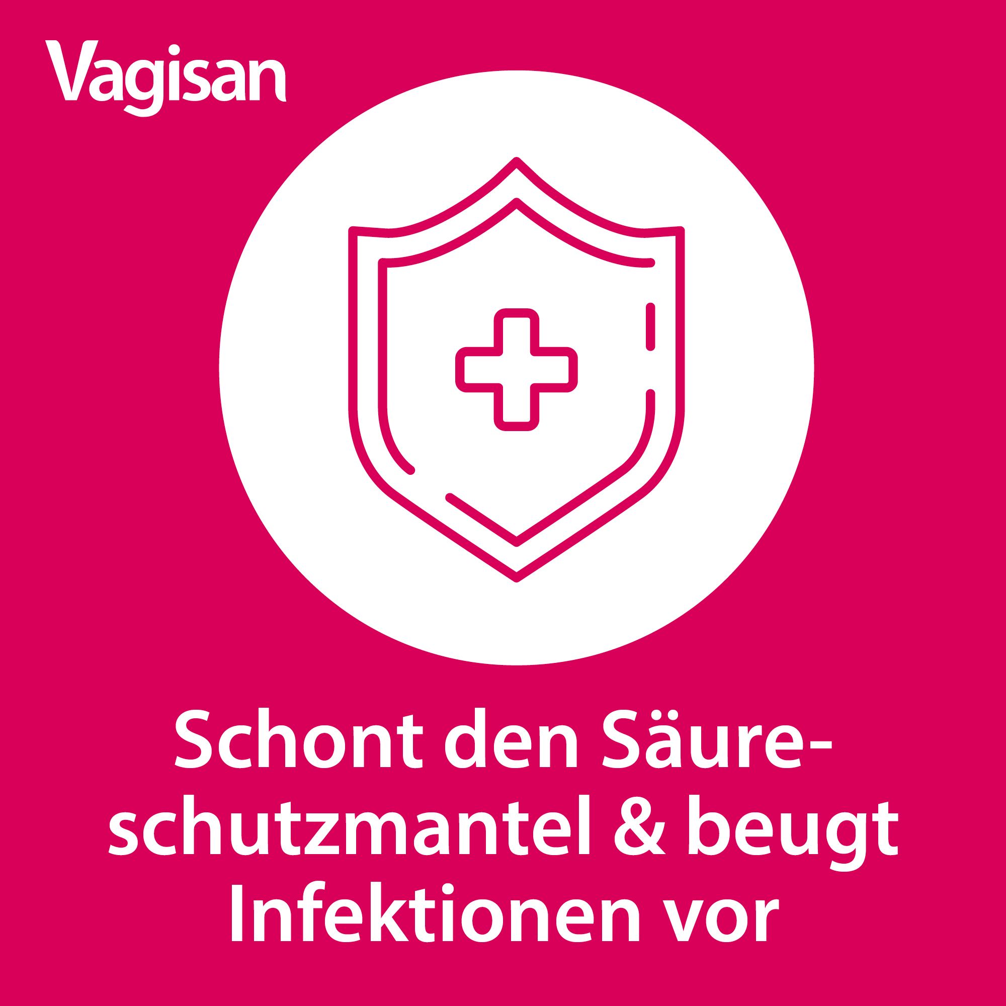 Roze achtergrond met wit schild en kruis. Tekst: Beschermt de zuurmantel & voorkomt infecties. Merk: Vagisan.