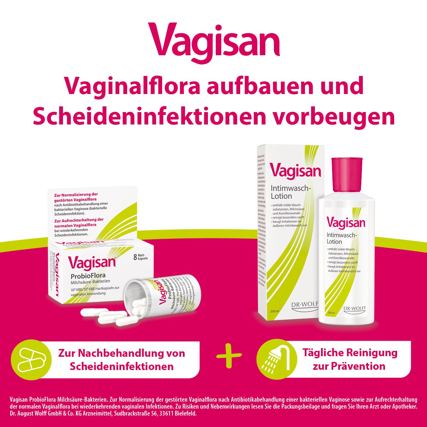 Productafbeelding. Vagisan-producten: Intimwaschlotion, ProBioFlora en meer. Tekst: Vaginale flora opbouwen en vaginale infecties voorkomen.