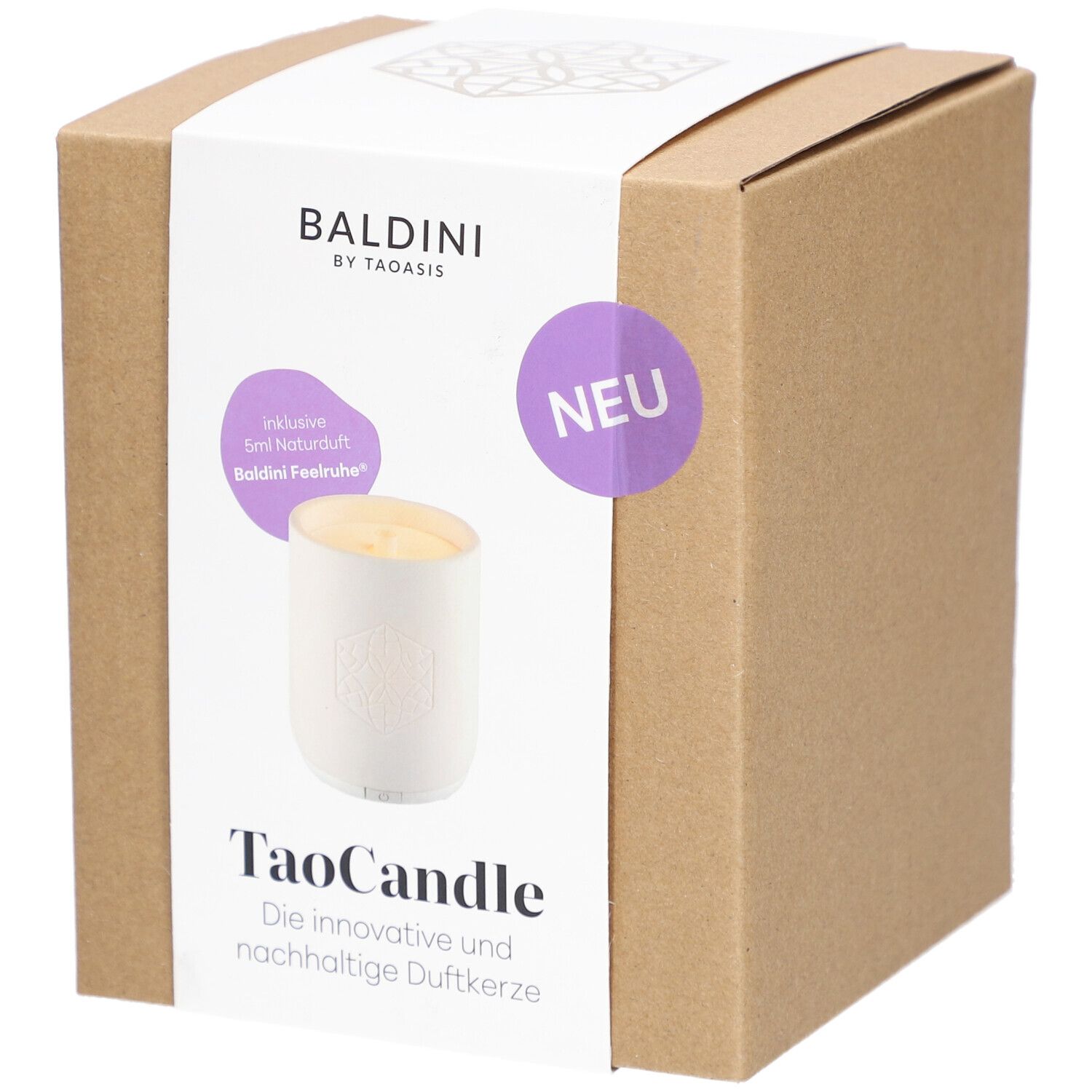 Kartonnen verpakking met TaoCandle. Sticker met productnaam, merk Baldini en de tekst "NEU".