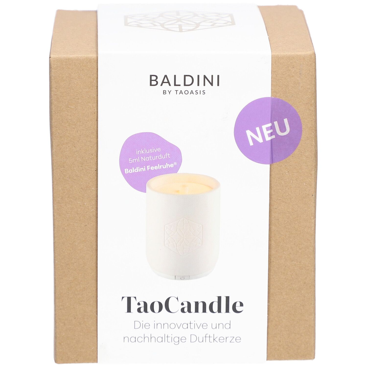 Kartonnen verpakking met TaoCandle. Sticker met productnaam, merk Baldini en de tekst "NEU".