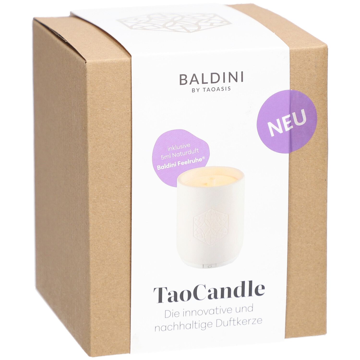 Kartonnen verpakking met TaoCandle. Sticker met productnaam, merk Baldini en de tekst "NEU".