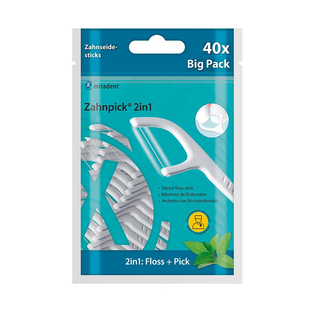 Emballage de Zahnpick® 2en1 blancs. Contient 40 pièces. Inscription: Zahnpick® 2en1: Fil + Cure-dents.