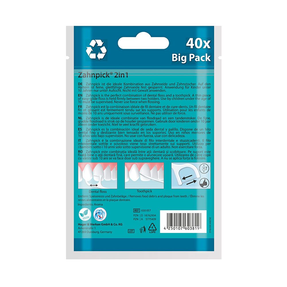 Dos de l'emballage avec des informations sur Zahnpick® 2en1. Contient des instructions et des illustrations.