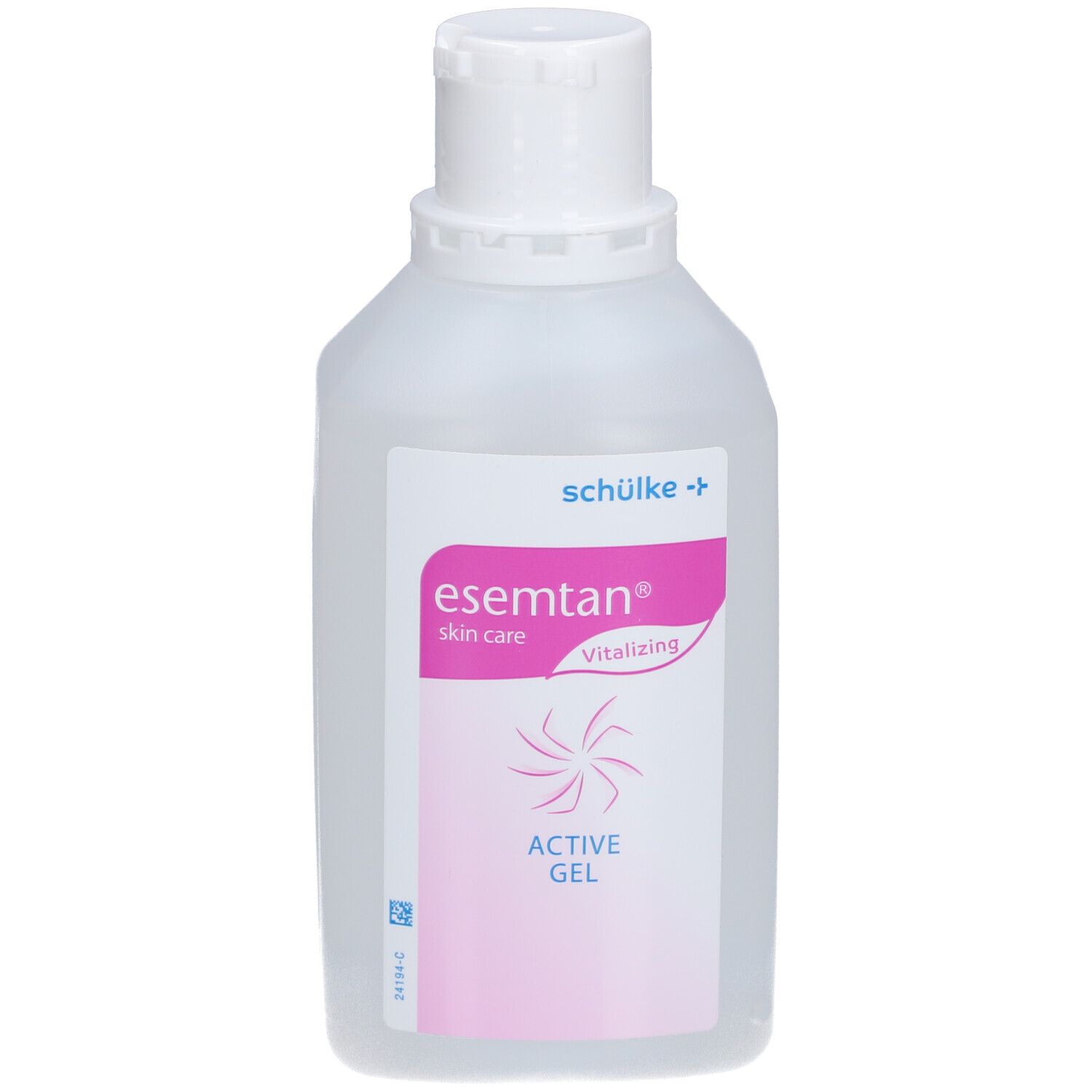 Fles met witte dop. Roze etiket met "esemtan skin care" en "ACTIVE GEL".