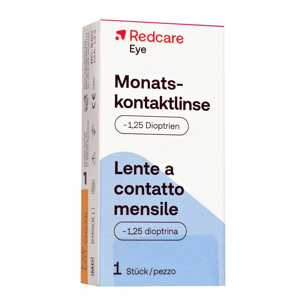 Verpakking van een maandelijkse contactlens, -1,25 dioptrie, 1 stuk, met productinformatie aan de zijkant.